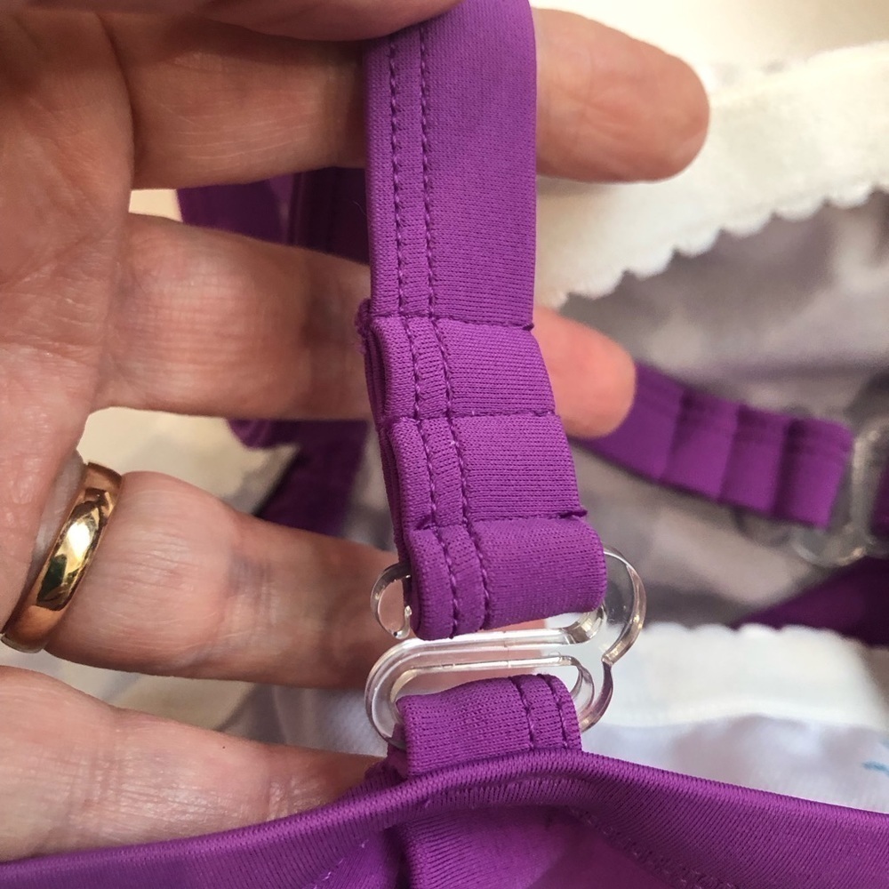 Cabana Beach Size M(12) purple one piece swimsuit. Ruching crisscross straps - Picture 6 of 10